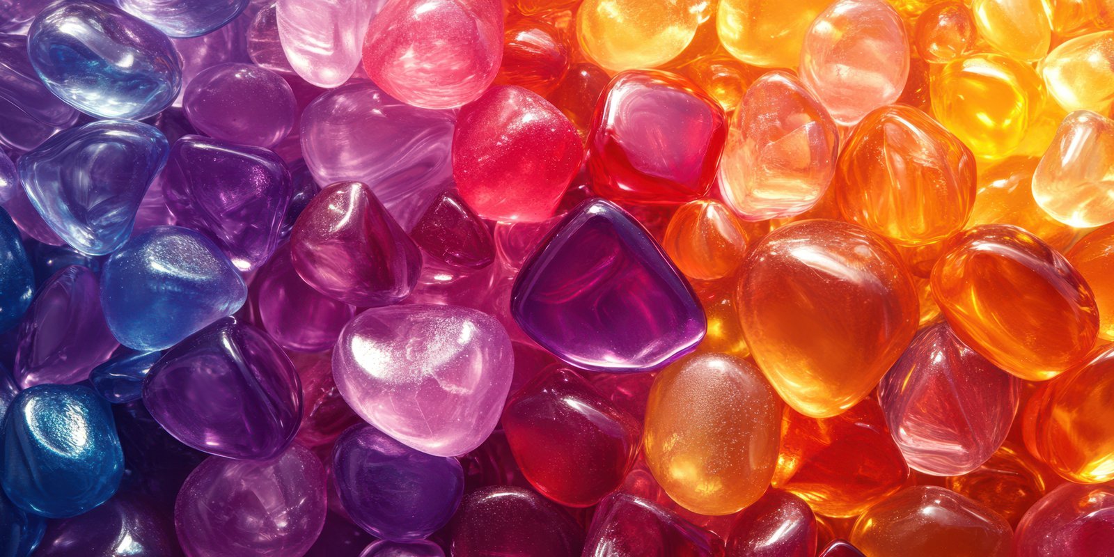 Colorful collection of smooth, shiny decorative stones in various shapes and hues